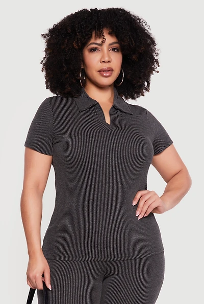 Plus Solid Rib Knit Short Sleeve Polo Top