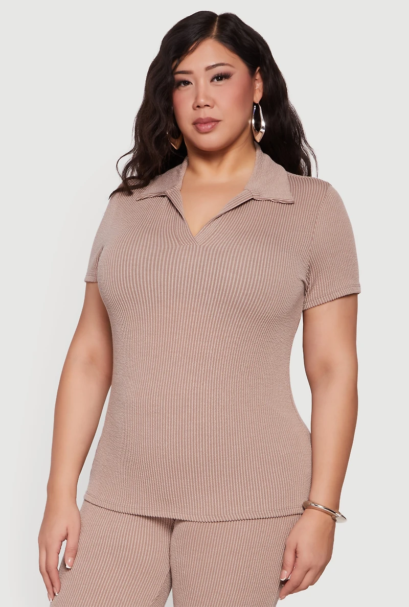 Plus Solid Rib Knit Short Sleeve Polo Top