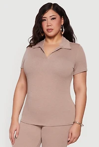 Plus Solid Rib Knit Short Sleeve Polo Top