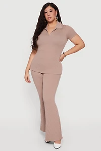 Plus Solid Rib Knit Short Sleeve Polo Top