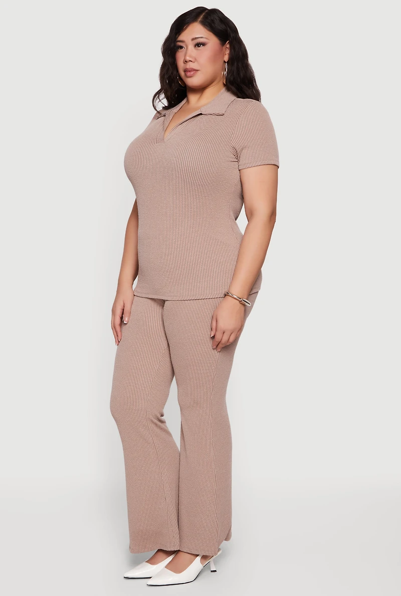 Plus Solid Rib Knit Short Sleeve Polo Top