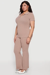 Plus Solid Rib Knit Short Sleeve Polo Top