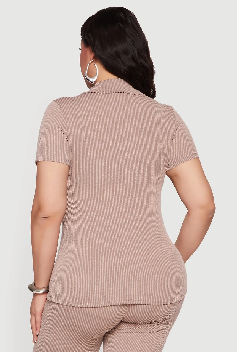 Plus Solid Rib Knit Short Sleeve Polo Top