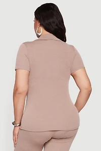 Plus Solid Rib Knit Short Sleeve Polo Top