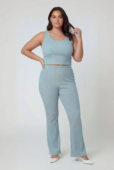 Plus Rib Knit High Waisted Pull On Flare Leg Pants