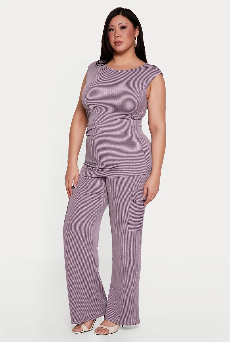 Plus High Waisted Rib Knit Cargo Pants