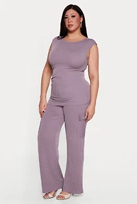 Plus High Waisted Rib Knit Cargo Pants