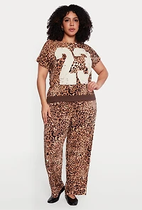 Plus Leopard Print High Waisted Pull On Wide Leg Pants