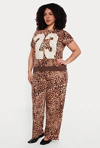 Plus Leopard Print High Waisted Pull On Wide Leg Pants