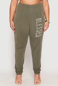 Womens Plus Size Ribbed Knit Rhinestone Blessed Pants, Green, Size 3X