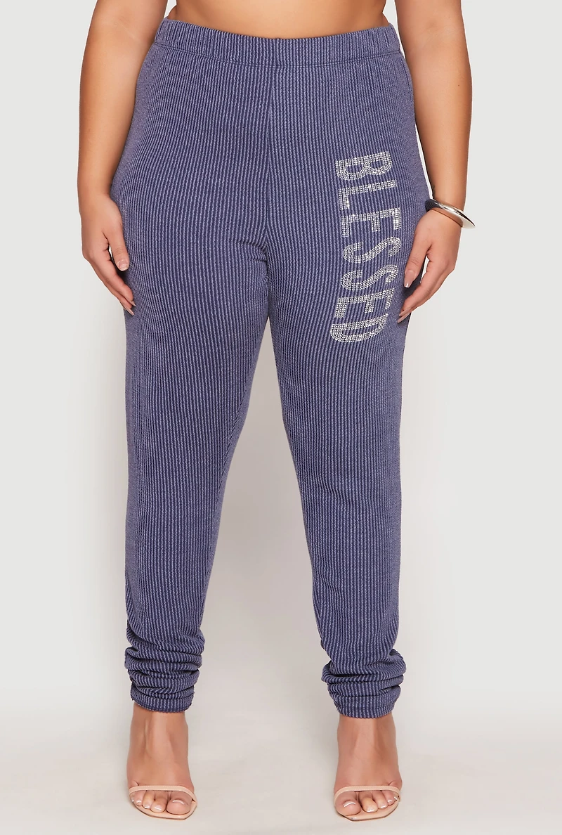 Womens Plus Ribbed Knit Rhinestone Blessed Pants,