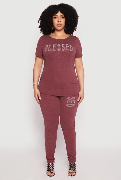 Womens Plus Ribbed Knit Rhinestone Blessed Pants,