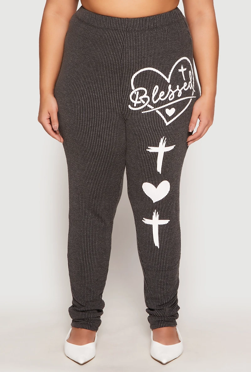 Womens Plus Size Blessed High Waisted Pants, Grey, Size 1X