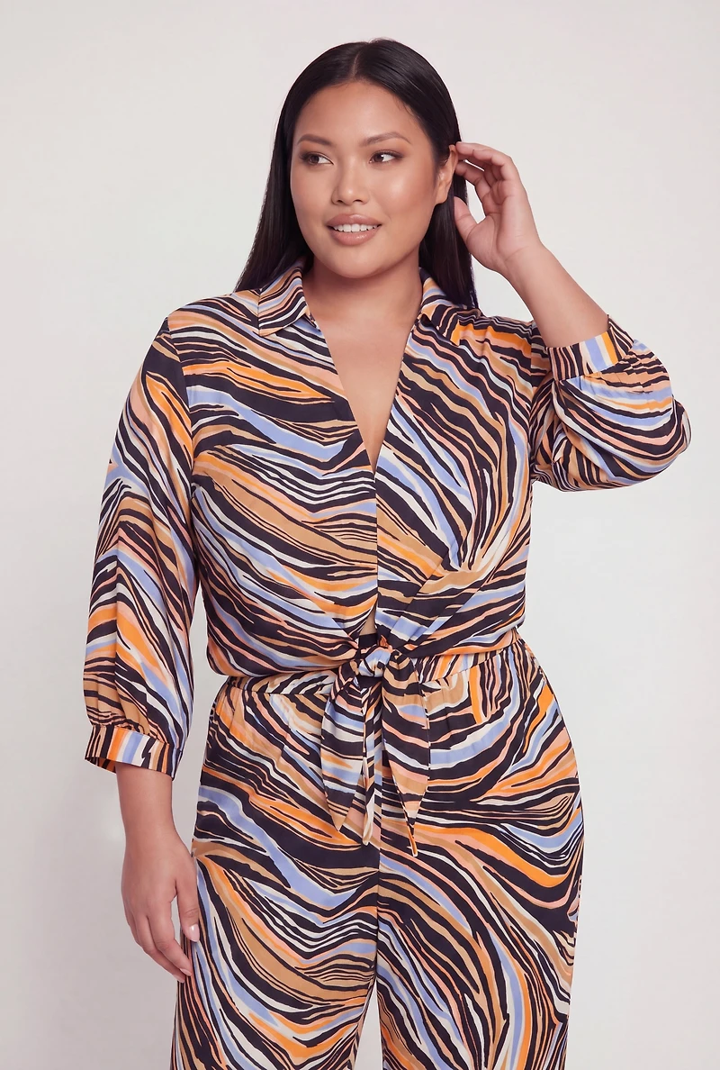 Plus Abstract Zebra Print Tie Front Blouse