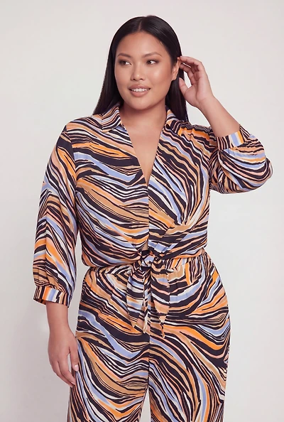 Plus Abstract Zebra Print Tie Front Blouse