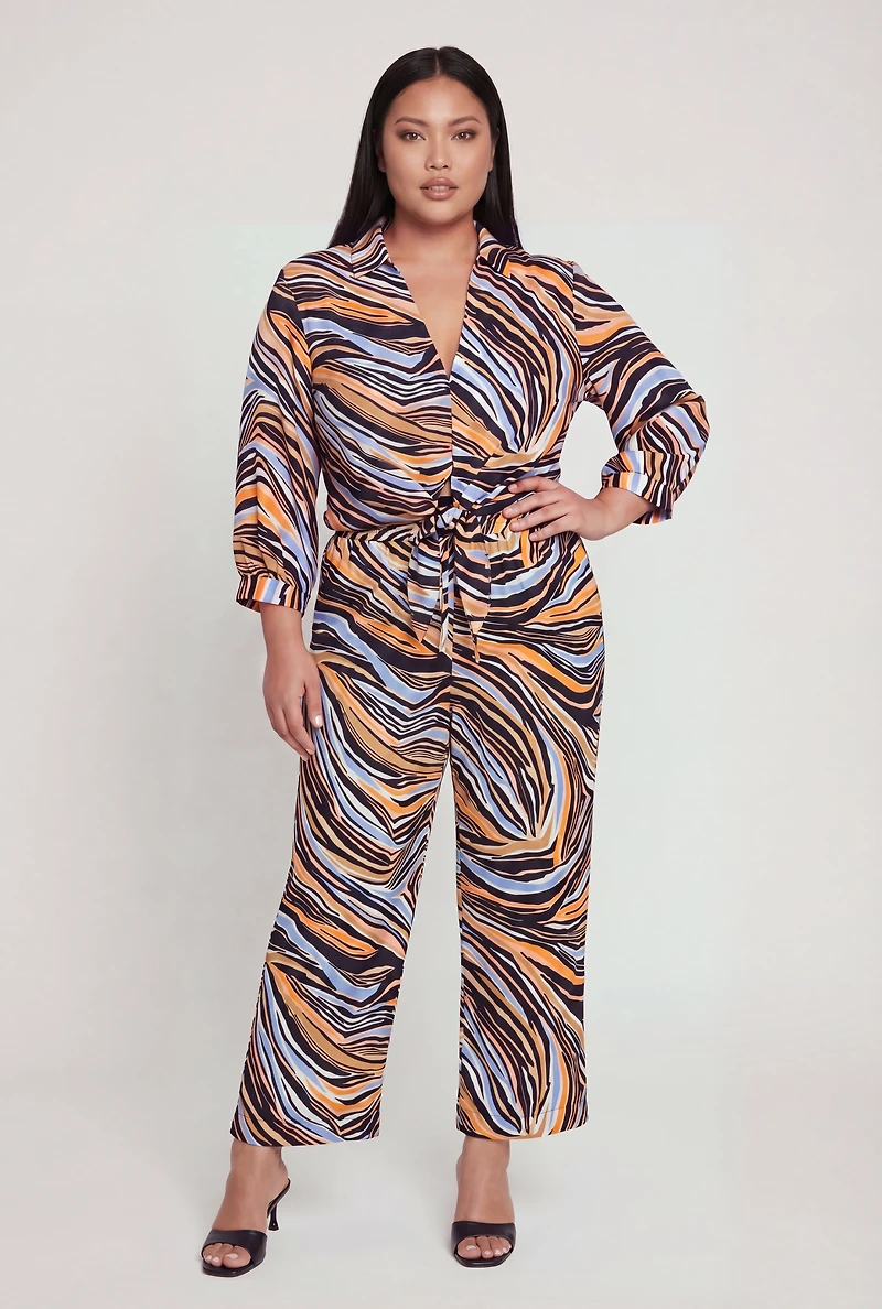 Plus Abstract Zebra Print Tie Front Blouse