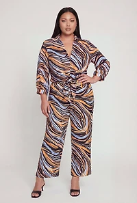 Plus Abstract Zebra Print Tie Front Blouse