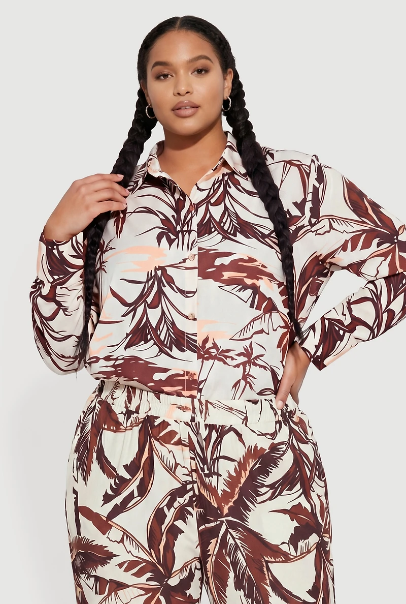Plus Palm Tree Print Button Front Shirt
