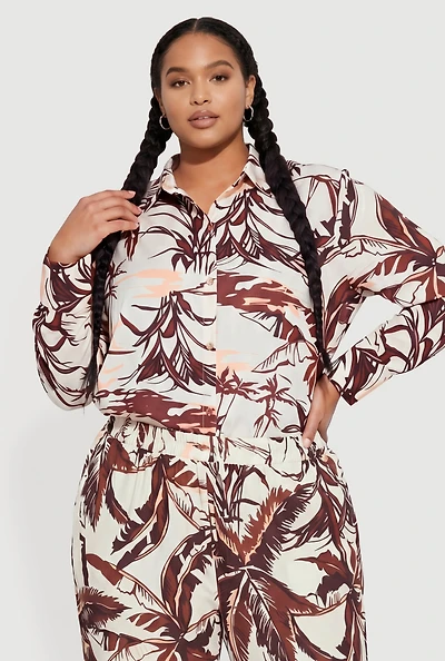 Plus Palm Tree Print Button Front Shirt