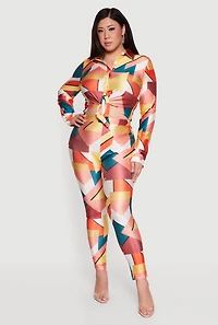 Plus Abstract Print Tie Front Cropped Shirt