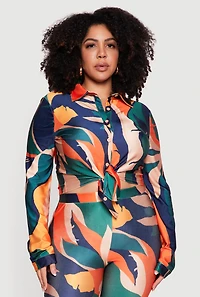 Plus Abstract Leaf Print Tie Front Shirt