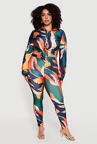 Plus Abstract Leaf Print Tie Front Shirt