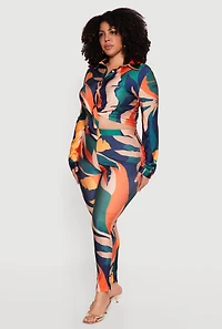 Plus Abstract Leaf Print Tie Front Shirt