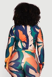 Plus Abstract Leaf Print Tie Front Shirt