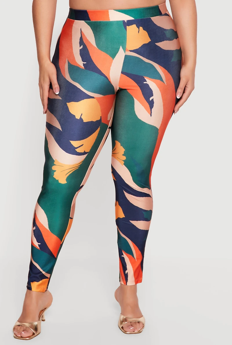 Plus Abstract Leaf Print Leggings