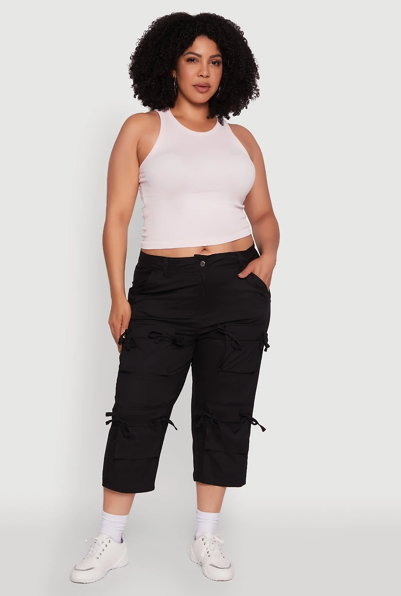 Plus Poplin Bow Cargo Capri Pants