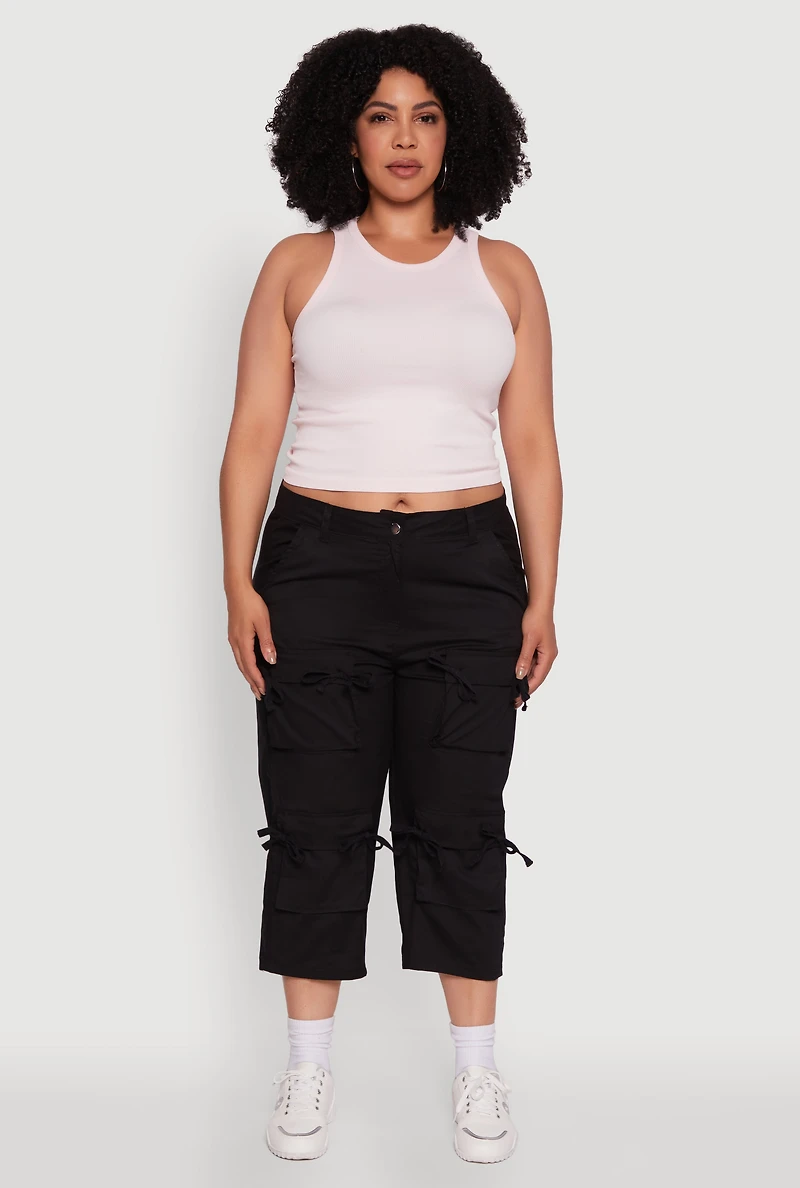 Womens Plus Poplin Bow Cargo Capri Pants,