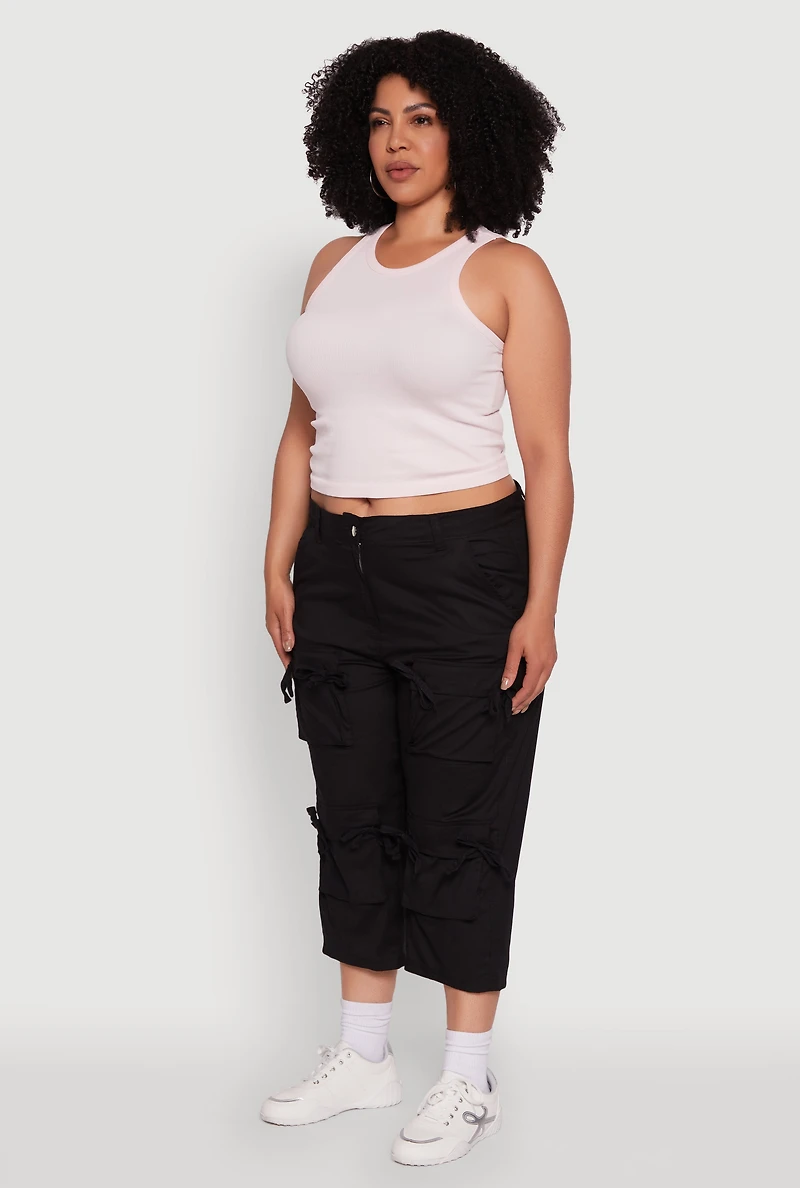 Womens Plus Poplin Bow Cargo Capri Pants,