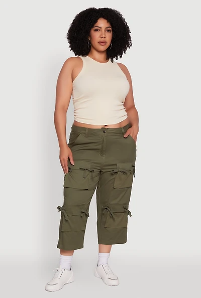 Womens Plus Poplin Bow Cargo Capri Pants,