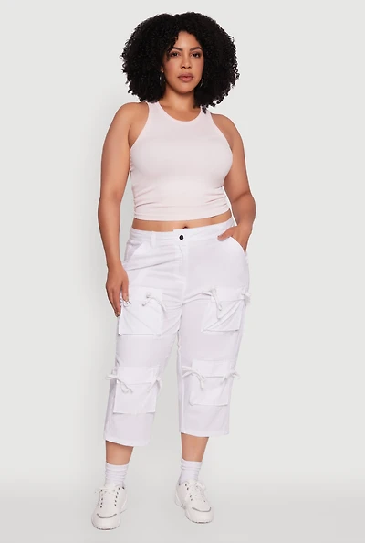 Womens Plus Size Poplin Bow Cargo Capri Pants, White, Size 2X