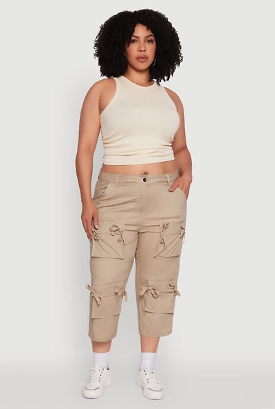 Womens Plus Poplin Bow Cargo Capri Pants, Khaki,