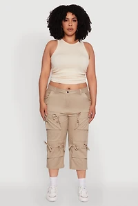 Womens Plus Size Poplin Bow Cargo Capri Pants, Khaki, Size 2X