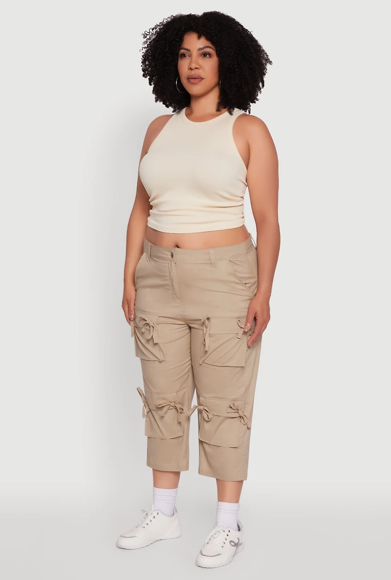 Womens Plus Size Poplin Bow Cargo Capri Pants, Khaki, Size 2X