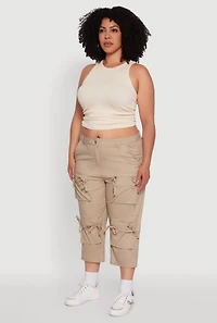Womens Plus Size Poplin Bow Cargo Capri Pants, Khaki, Size 2X