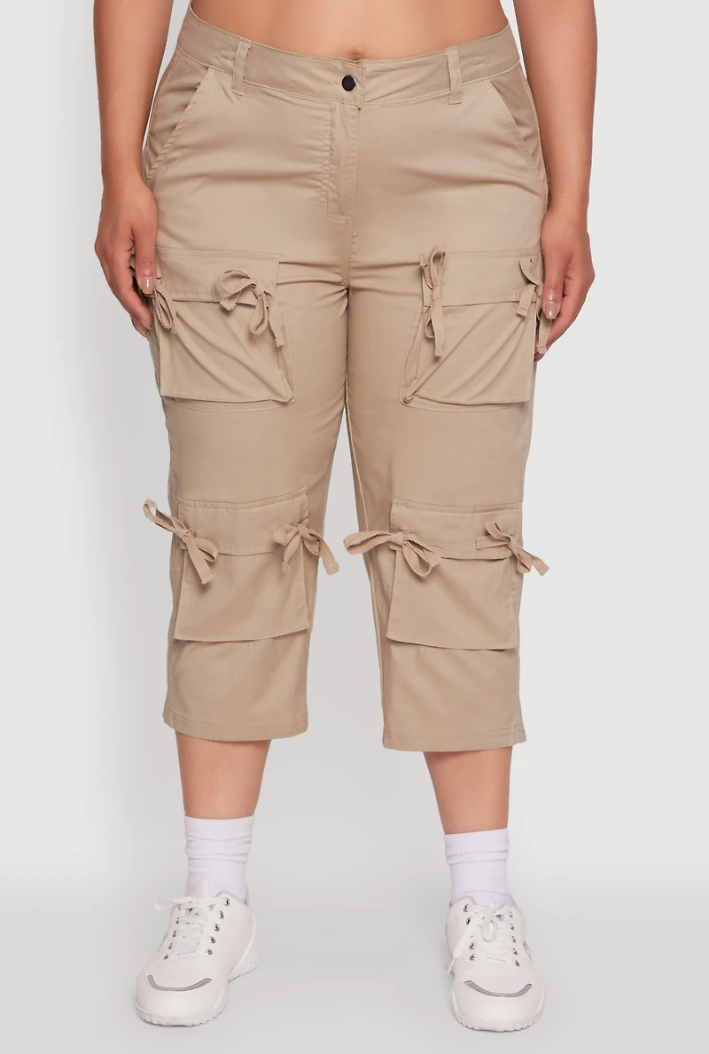 Womens Plus Size Poplin Bow Cargo Capri Pants, Khaki, Size 2X