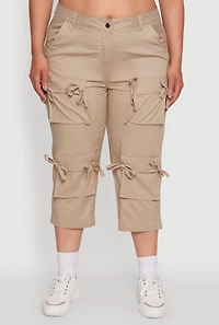 Womens Plus Size Poplin Bow Cargo Capri Pants, Khaki, Size 2X