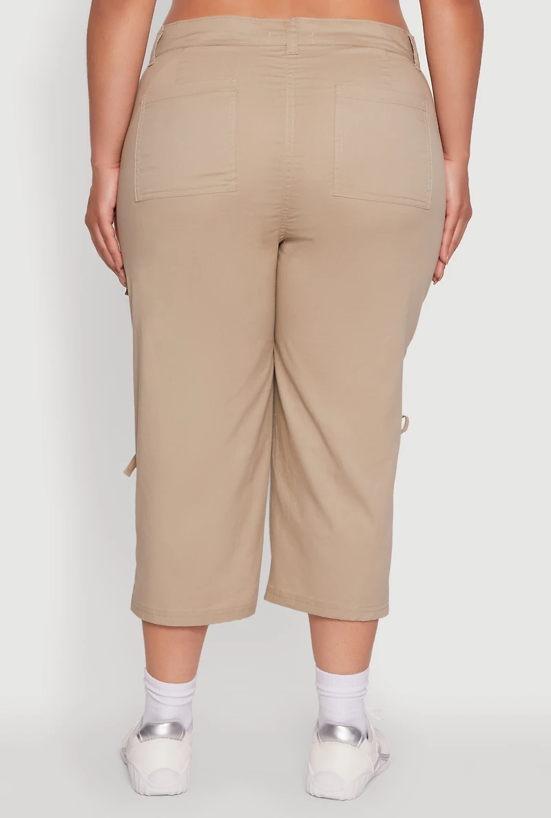 Womens Plus Size Poplin Bow Cargo Capri Pants, Khaki, Size 2X