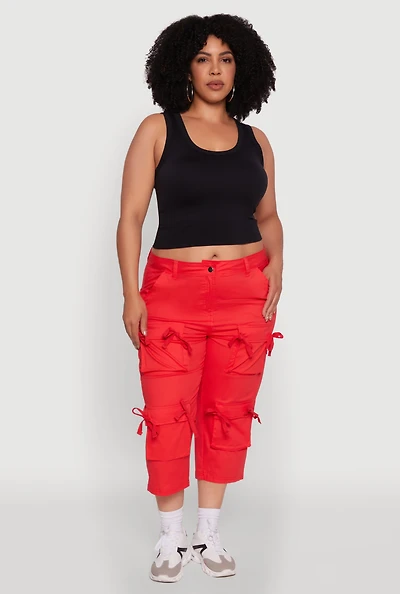 Womens Plus Poplin Bow Cargo Capri Pants,