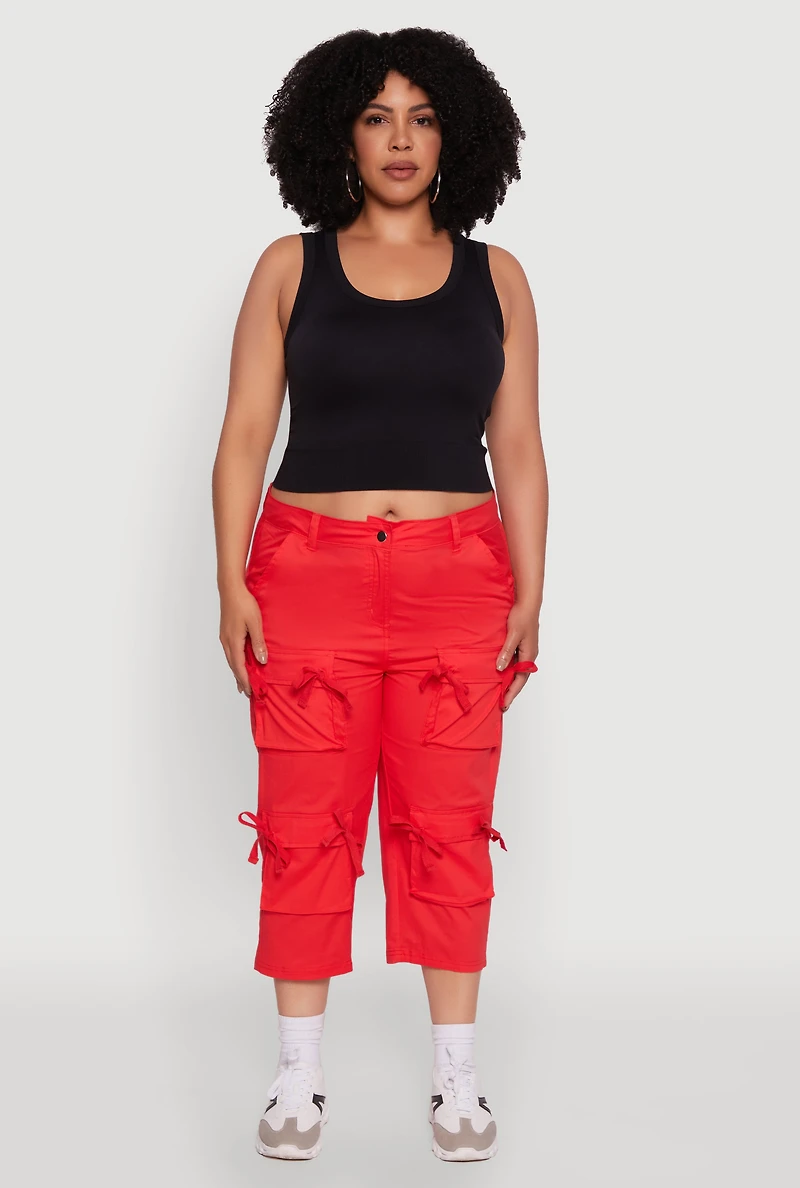 Womens Plus Size Poplin Bow Cargo Capri Pants, Red, Size 2X