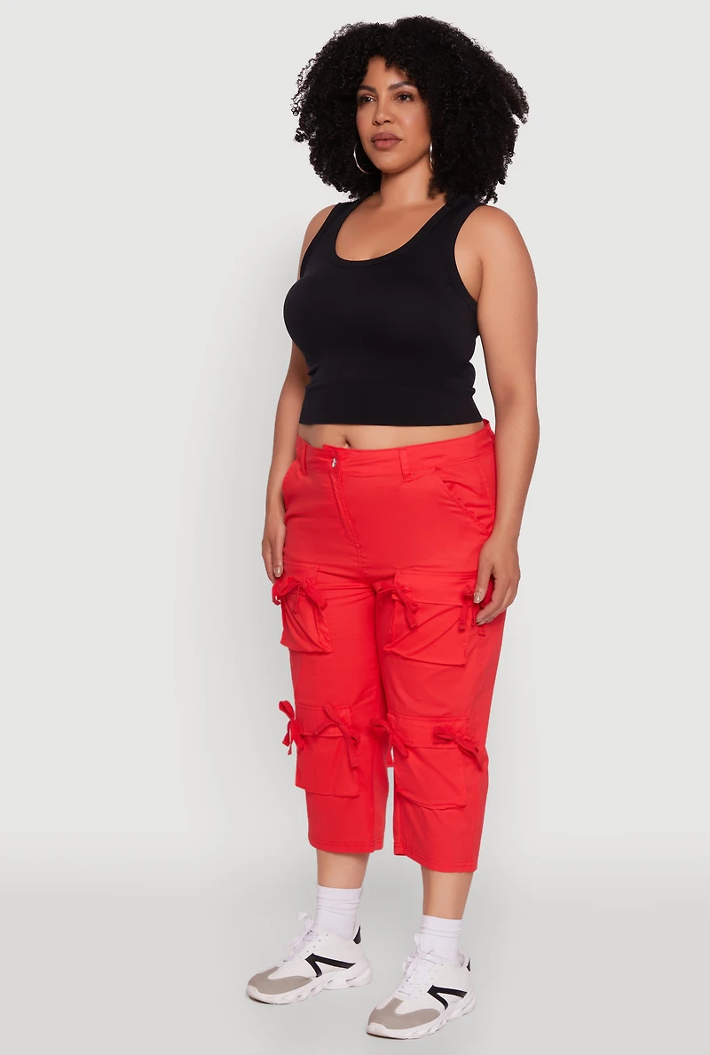 Womens Plus Size Poplin Bow Cargo Capri Pants, Red, Size 1X