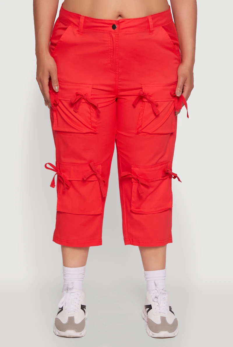 Womens Plus Size Poplin Bow Cargo Capri Pants, Red, Size 2X