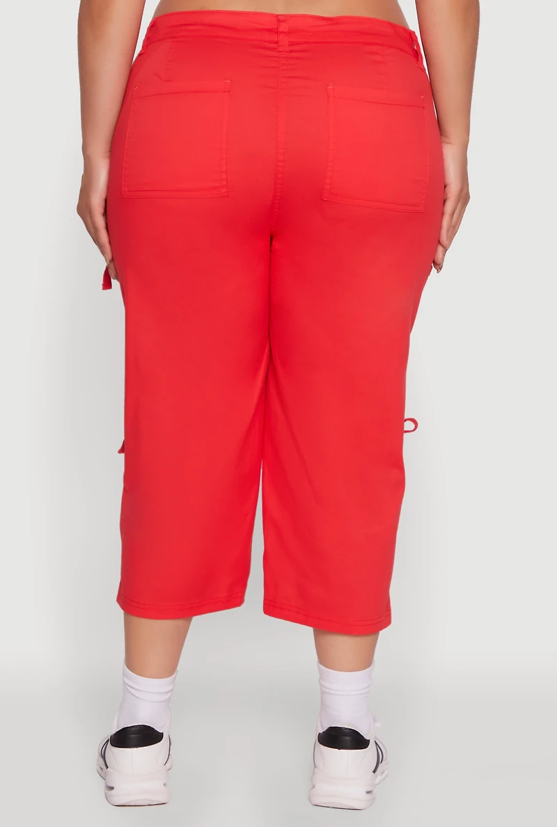 Womens Plus Size Poplin Bow Cargo Capri Pants, Red, Size 2X