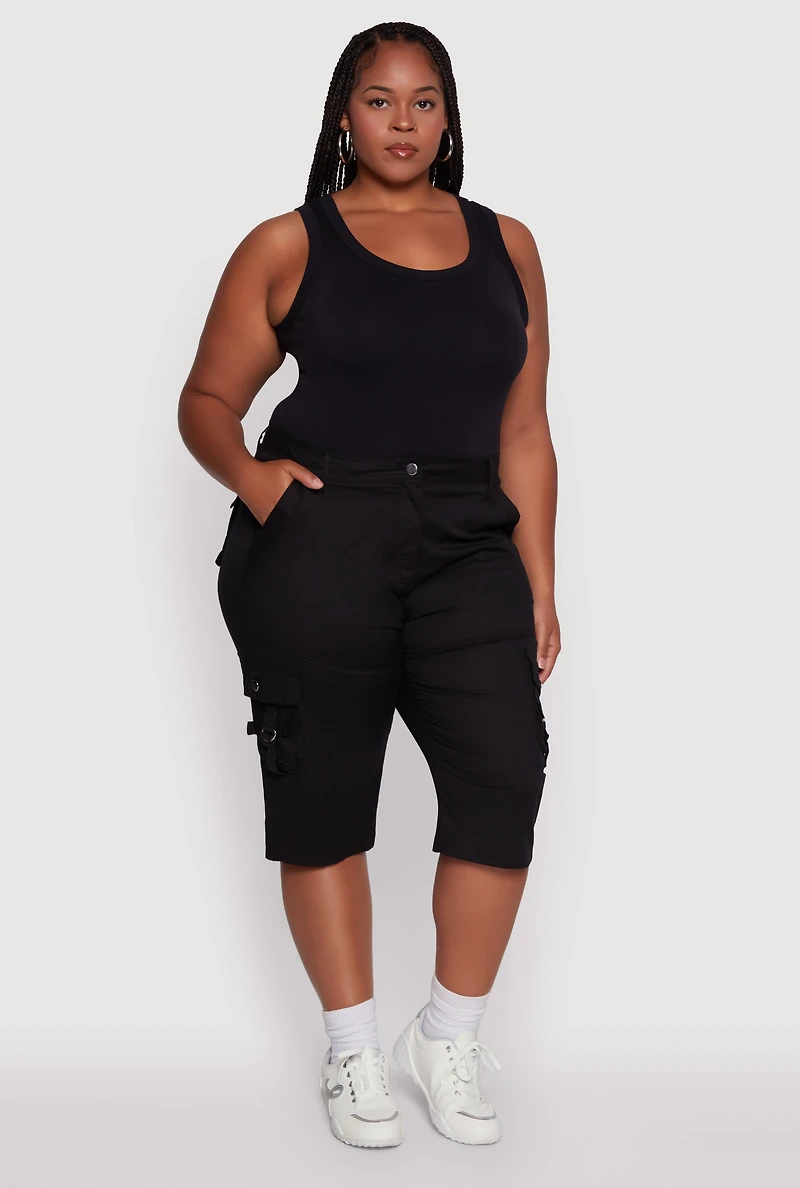 Womens Plus High Waisted Poplin Cargo Shorts,