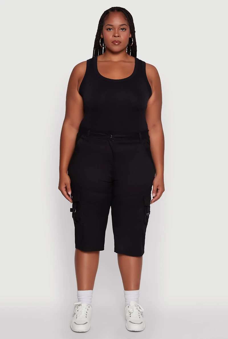Womens Plus High Waisted Poplin Cargo Shorts,