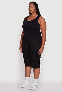 Womens Plus High Waisted Poplin Cargo Shorts,