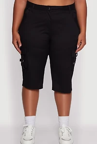 Womens Plus High Waisted Poplin Cargo Shorts,